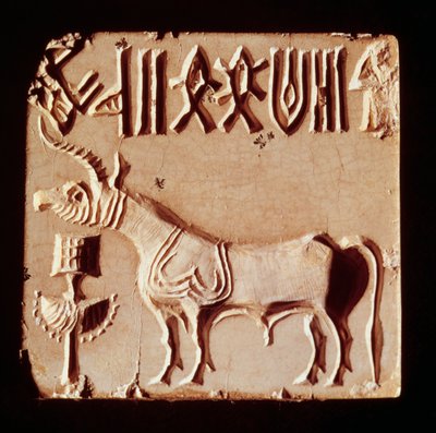 Selo, descrevendo, um, mitológico, animal, e, pictographic, símbolos, de, Mohenjo-Daro, vale indus, paquistão, 3000-1500, bc de Harappan
